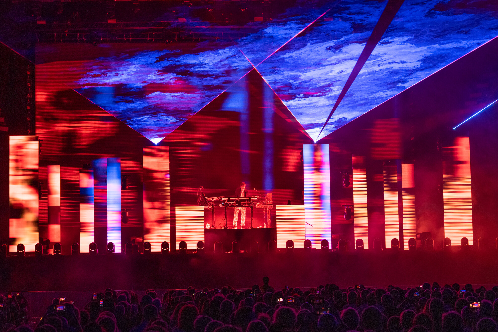 Red LED columns under a video ceiling